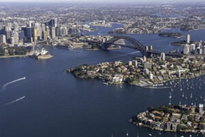 Aerial view of Sydney Harbour Bridge and the CBD