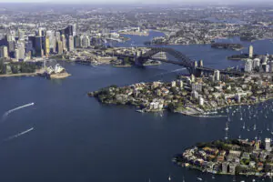 Aerial view of Sydney Harbour Bridge and the CBD